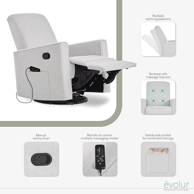 Evolur Raleigh Glider with Massager in Charcoal, Upholstered Plush Seating 360° Swivel Glider Rocking Chair, FSC Certified, Greenguard Gold & JPMA Certified Nursery Glider Recliner