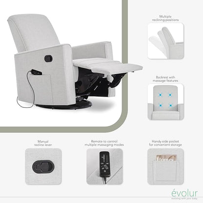 Evolur Raleigh Glider with Massager in Charcoal, Upholstered Plush Seating 360° Swivel Glider Rocking Chair, FSC Certified, Greenguard Gold & JPMA Certified Nursery Glider Recliner