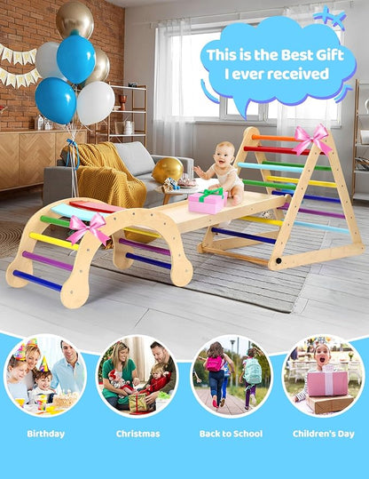 YOLEO Large Pikler Triangle Set, Wooden Toddler Climbing Toys Indoor with Safer Sturdy Base, Montessori Pikler Triangle Climbing Set for Kids' Indoor Climber & Playground & Jungle Gym (Rainbow)