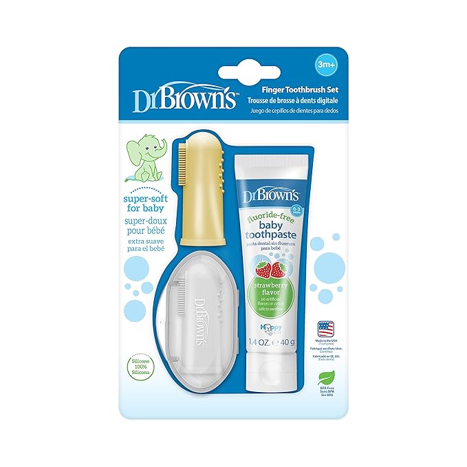 Dr. Brown's 100% Silicone Baby Finger Toothbrush and Toothpaste Set, 2-Pack Toothbrush with Storage Case, Fluoride-Free Strawberry Toddler Toothpaste, Gray & Yellow