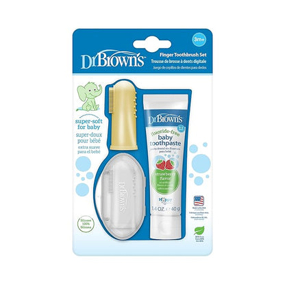 Dr. Brown's 100% Silicone Baby Finger Toothbrush and Toothpaste Set, 2-Pack Toothbrush with Storage Case, Fluoride-Free Strawberry Toddler Toothpaste, Gray & Yellow