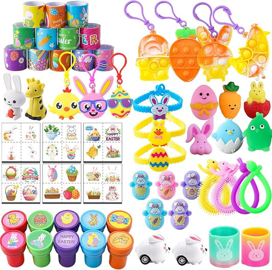 YiYLunneo 100 Pcs Easter Egg Fillers, Easter Basket Stuffers Fillers for Kids Boys Girls Easter Party Favors Assortment, Easter Eggs Hunt, Easter Gift Goodie Bags Filler Classroom Prize Supplies