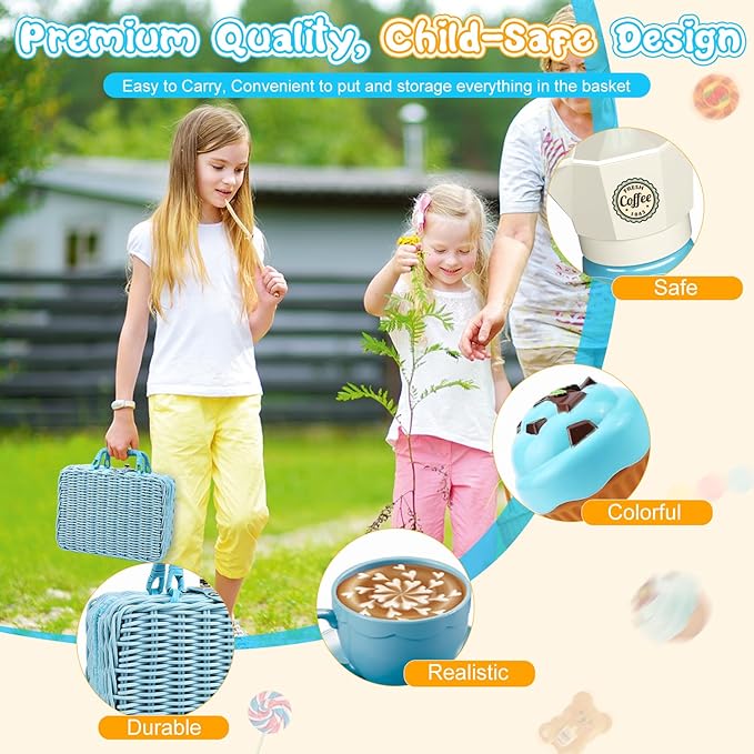 Tea Party Set for Little Girls, 30 Pcs Picnic Basket Set with Carry Case, Teapot, Tea Cup, Dessert & Table Cloth, Pretend Play Toy Gifts for Kids 4 5 6 Year Old (Blue)…