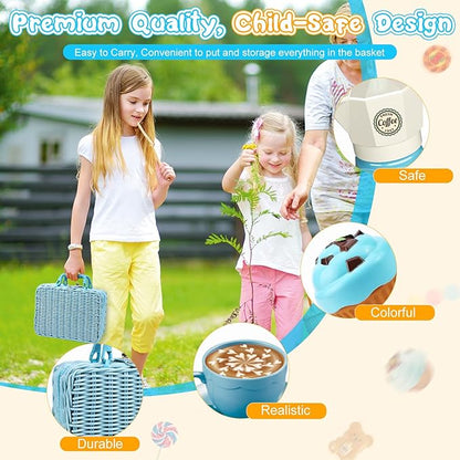 Tea Party Set for Little Girls, 30 Pcs Picnic Basket Set with Carry Case, Teapot, Tea Cup, Dessert & Table Cloth, Pretend Play Toy Gifts for Kids 4 5 6 Year Old (Blue)…