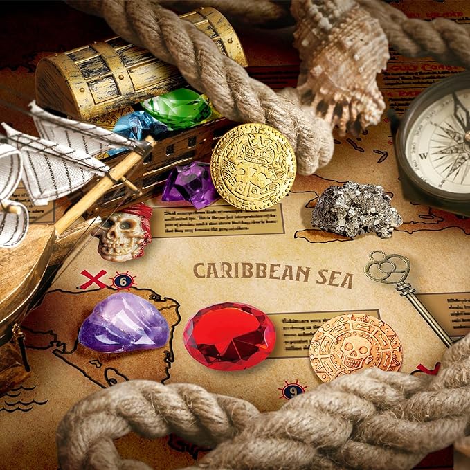 XXTOYS Jumbo Pirate Dig Kit - Dig up 12 Pirate Treasures, Gemstones, Gold Coins - Pirate Toys for Kids - Great Birthday Party Supplies, Gifts Idea for Boys & Girls - Includes Treasure Chest