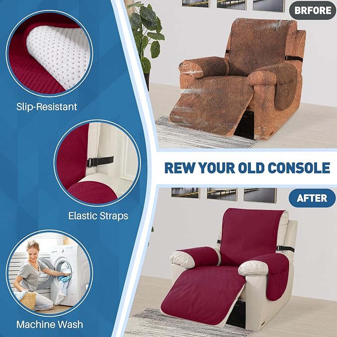 Easehomey Waterproof Recliner Chair Cover,Non-Slip Recliner Cover with Two Pockets Elastic Straps Slip Covers for Recliners with Arms Washable Reclining Chair Cover Furniture Protector(Wine Red,23.6")