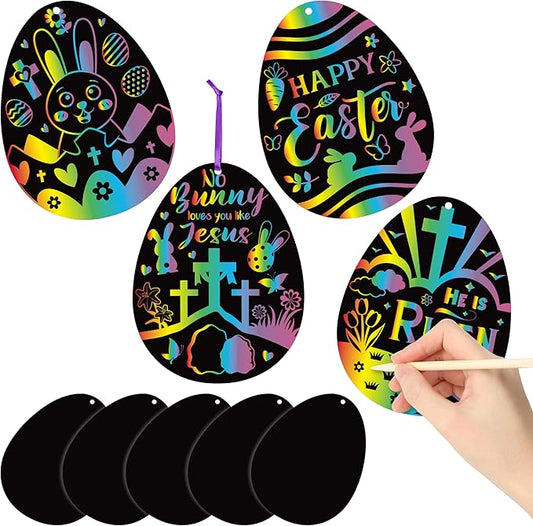 BeYumi 60Pcs Easter Eggs Scratch Cards for Kids DIY Magic Rainbow Color Craft Kit Paper Art Party Favors Christian Easter Eggs Resurrection Religious Sunday School Classroom Decorations Supplies Gifts