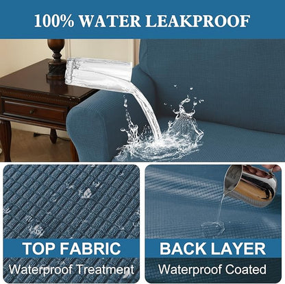 100% Waterproof Jacquard Fabric Couch Cover, Dual Layer with TPU Film, Leakproof High Elasticity Non-Slip Washable Furniture Protector for Pets, Dogs, Cats and Kids (Loveseat,Berlin Blue)