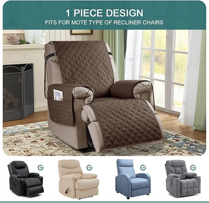 Ruaozz 100% Waterproof Recliner Chair Cover Non-Slip Oversized Reclining Cover for Large Recliner Chair Washable Chair Seat Cover with Elastic Straps for Kids, Dogs, Pets (Brown, 28'')