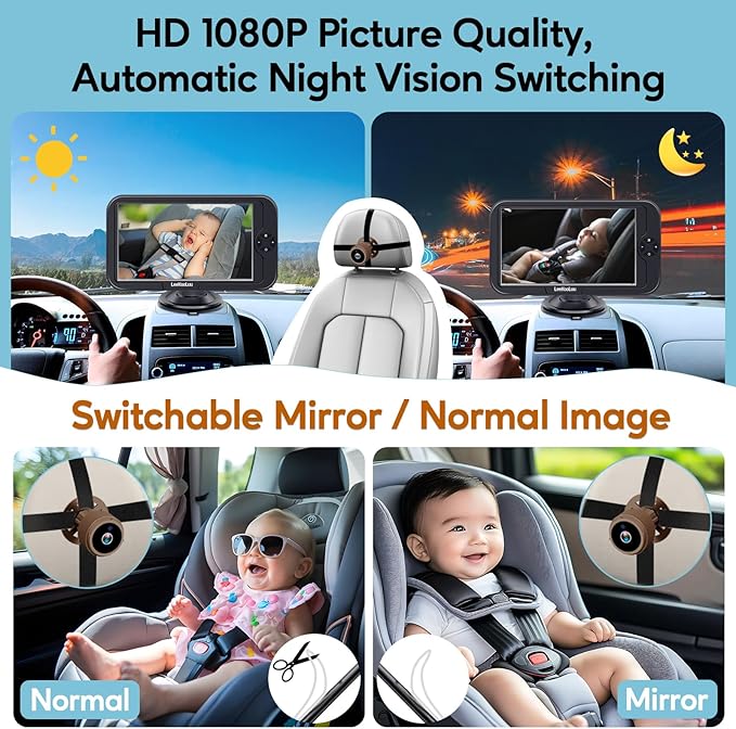 Baby Car Camera for Backseat 1080P - HD Crystal Night Vision, Easy to Install, 360° Rotation, Protect Baby's Eye, Perfect for Brown Car Interiors, Rear Facing Backseat Camera for Newborn, Infant, Kids