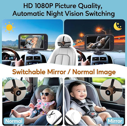 Baby Car Camera for Backseat 1080P - HD Crystal Night Vision, Easy to Install, 360° Rotation, Protect Baby's Eye, Perfect for Brown Car Interiors, Rear Facing Backseat Camera for Newborn, Infant, Kids