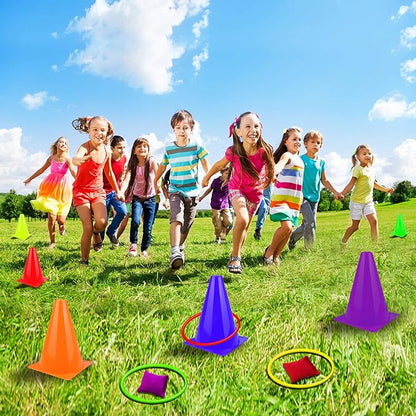 unanscre 31PCS 3 in 1 Carnival Outdoor Games Combo Set for Kids, Soft Plastic Cones Bean Bags Ring Toss Game, Gift for Birthday Party/Xmas