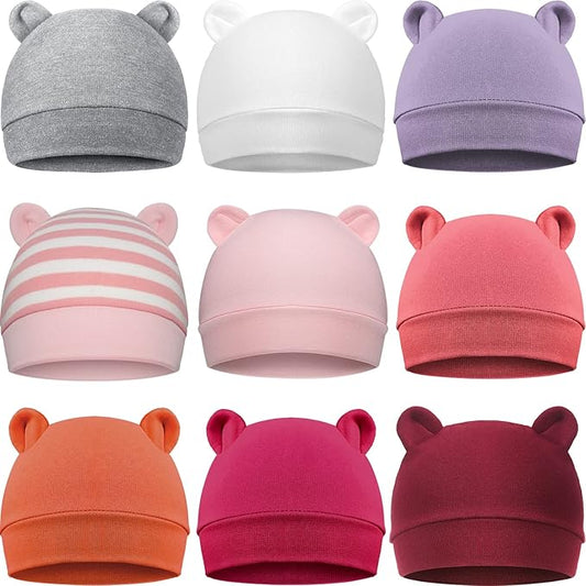 Geyoga 9 Pieces Newborn Baby Hat Bear Ears Infant Caps 2 Ears