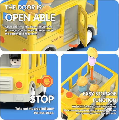 Veslier School Bus Toys with 5 Play Figures for Toddlers, Kids Car Toy with Lights ＆ Sounds 18M+ 2 3 4 5 Year
