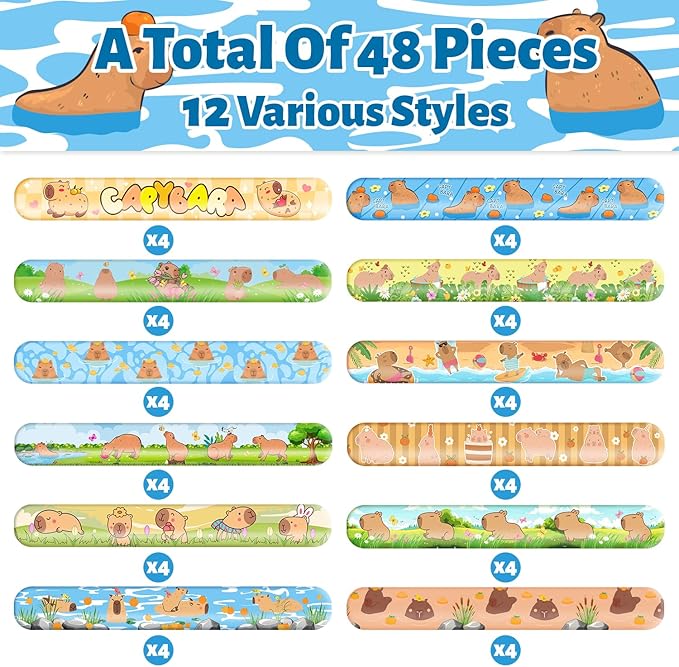 48 PCS Capybara Slap Bracelets Birthday Party Favors and Goodie Bag Fillers for kids Fun Capybara Wristbands for Party Decorations and Supplies