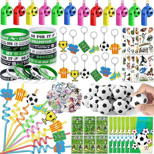 Winrayk 146Pcs Soccer Party Favors Birthday Supplies for Kids, Straw Bouncy Ball Puzzle Toy Bracelet Gift Bag Whistle Sticker Keychain, Goody Stuffer Girls Boys Sports Soccer Themed Party Favors Decor
