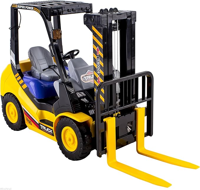 WolVolk 6-Channel Electric Remote Control Forklift - Functional RC Lighted Fork Lift Toy w/Pallet, Barrel