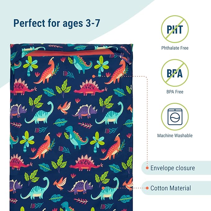Wildkin Kids Nap Mat Cover for Boys & Girls, Featuring Sewn-in Flap Design, Ideal for Preschool and Daycare, Fits Our Vinyl Nap Mat up to 1.5 Inches Including Basic Sleep Mat - Darling Dinosaurs