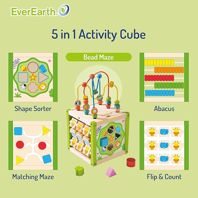 Wooden Activity Cube, 5 in 1 Activity Center, Educational Wooden Toys for Toddlers for Kids 1+, FSC Certified