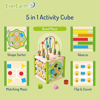 Wooden Activity Cube, 5 in 1 Activity Center, Educational Wooden Toys for Toddlers for Kids 1+, FSC Certified