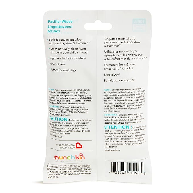 MunchkinÂŽ Arm & Hammer Pacifier Wipes - Safely Cleans Baby and Toddler Essentials, 1 Pack 36 Wipes