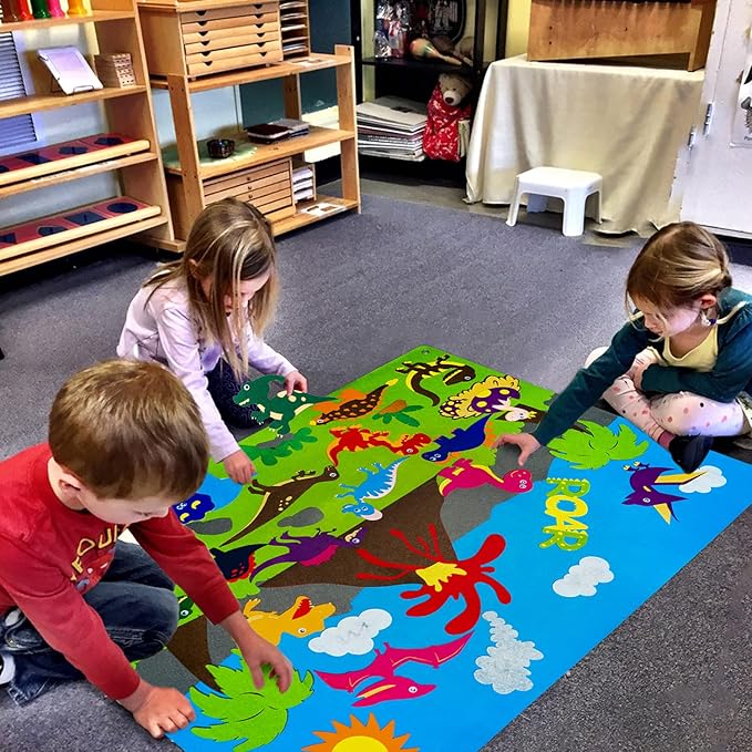 WATINC Dinosaur Felt-Board Stories Set 3.5Ft 37Pcs Preschool Dinosaurs Classification Storytelling Flannel Roar Volcano Ancient Animal Theme Early Learning Play Kit Wall Hanging Gift for Toddlers Kids