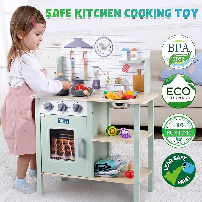 Wooden Play Kitchen for Kids, Kids Children Pretend Toy Kitchen Playset, Toys Kitchen with Realistic 24 Pieces Toy Accessory, Cutting Play Food Toys Gifts for Ages 3-8 Girls Boys