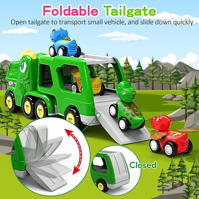 Toys for 1 2 3 4 Year Old Boy Girl, 5 in 1 Toy Trucks for Boys Age 2-3 with 4 Dinosaur Toy Cars for Toddlers 1-3