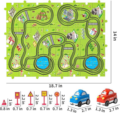 TEMI 48 PCS New Plastic Puzzles, car Tracks playset for Kids Ages 3-5 with 3 Cute Vehicle 4 5 6 Year