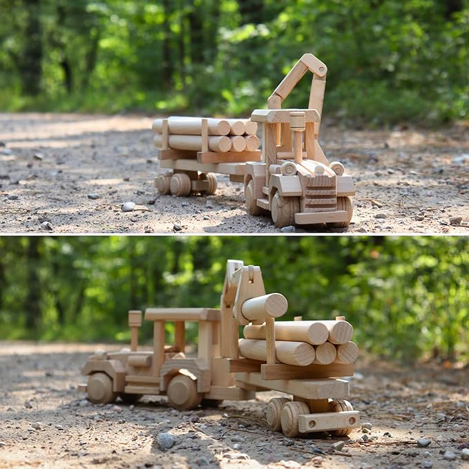 Wooden Logging Tractor Toy with Realistic Shape, Wooden Toy Truck with Trail & Cargo - Eco-Friendly Wood Toy for Kids Age 3 Years Old - Preschool Educational Game