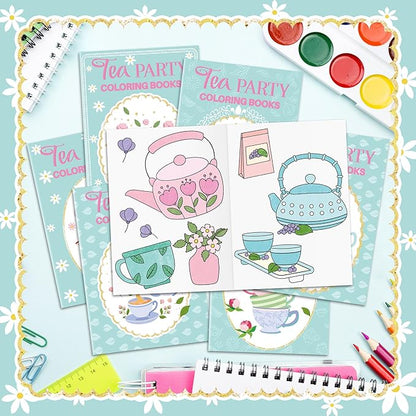 Tea Party Coloring Books for Kids 24Pcs Bulk Tea Time Themed Mini Coloring Booklet DIY Art Drawing Book with Teapots Cups for Toddlers Kids Classroom Birthday Party Favors Goodie Bag Filler