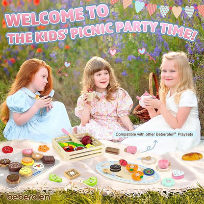 Wooden Tea Set for Little Girls Birthday Gift 2-4 Year Old Princess Toys Play Food Sets for Kids Kitchen Accessories Toddlers 3-5 Outdoor Party 1-3 Pretend Food Dessert Cookies Wood Toy