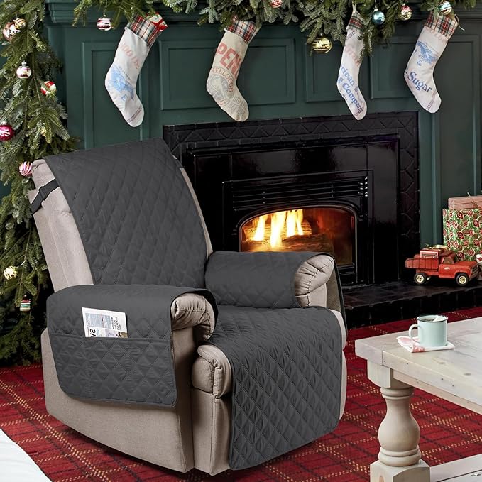 Ruaozz 100% Waterproof Recliner Chair Cover Non-Slip Reclining Cover for Recliner Chair Washable Chair Seat Cover with Elastic Straps for Kids, Dogs, Pets (Charcoal Grey, 23'')