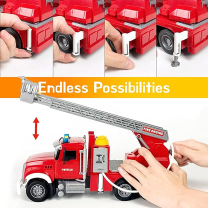 Fire Truck Toy Set for Kids - Fire Engine Truck with Water Spraying Hose, Rotating Ladder + 3 Fireman Firefighters 4-7, Girls 3 Years