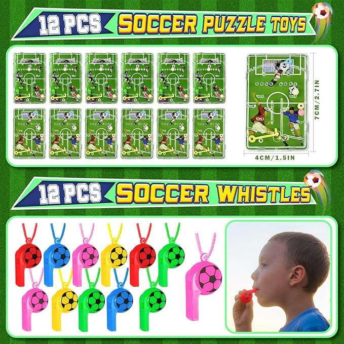 Winrayk 146Pcs Soccer Party Favors Birthday Supplies for Kids, Straw Bouncy Ball Puzzle Toy Bracelet Gift Bag Whistle Sticker Keychain, Goody Stuffer Girls Boys Sports Soccer Themed Party Favors Decor
