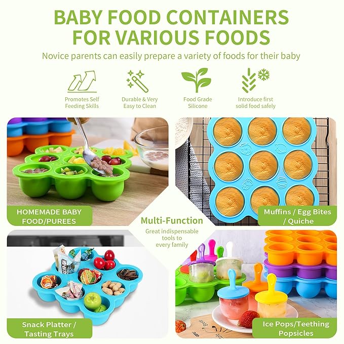 WAJIAYON Baby Food Storage Container, Silicone Baby Food Freezer Tray with Lid
