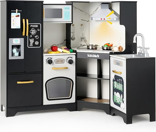 Wooden Corner Kitchen for Toddlers, Pretend Play Playset with Fake Food Toys, Real Lights & Sounds, Double-Door Fridge, Ice Maker & Cookware Accessories, Play Kitchen Set for Kids, Gift for Ages 3+