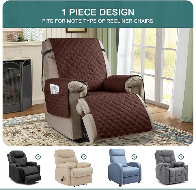 Ruaozz 100% Waterproof Recliner Chair Cover Non-Slip Reclining Cover for Recliner Chair Washable Chair Seat Cover with Elastic Straps for Kids, Dogs, Pets (Coffee, 23'')