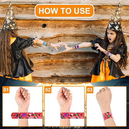 48 Pieces Halloween Slap Bracelets Bulk Party Favors for Kids - 12 Designs Spooky Snap Bands, Trick-or-Treat Goodie Bag Fillers, Classroom Prizes Accessories, Wrist Decorations Gifts Supplies