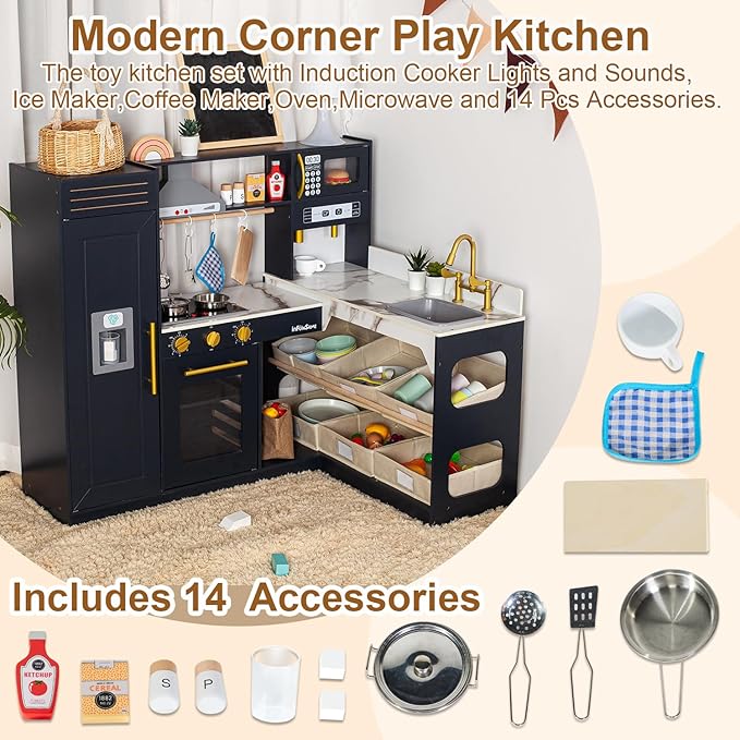 Corner Play Kitchen for Kids Kitchen Playset with Toy Storage System, Wooden Toy Kitchen Set with Plenty of Play Features, Toddler Kitchen Set for Boys and Girls Ages 3+ (Dark Blue)
