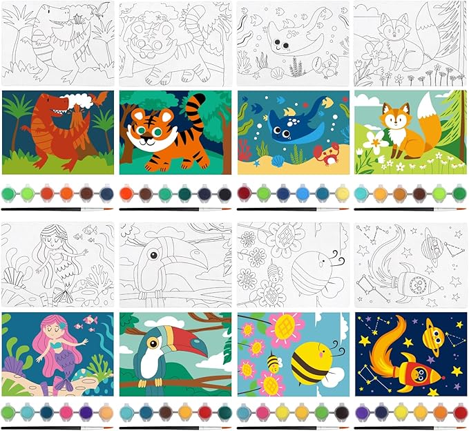 8 Packs Predrawn Canvas for Painting Kids Painting Canvas for Kids Painting Kits for Kids 4-8, 48 Paints, 8 Brushes 2 Easels, 8 6x8 Printed Canvas to Paint for Girls Boys and Beginners