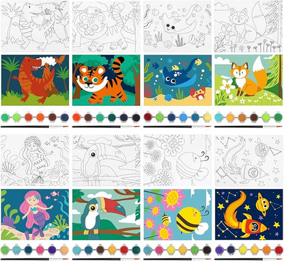8 Packs Predrawn Canvas for Painting Kids Painting Canvas for Kids Painting Kits for Kids 4-8, 48 Paints, 8 Brushes 2 Easels, 8 6x8 Printed Canvas to Paint for Girls Boys and Beginners