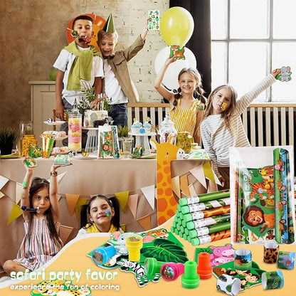 BenLouis 120Pcs Jungle Safari Party Favors Zoo Animals Sticker Stampers Slap Bracelets School Stationery Set Bulk Classroom Prizes for Kids Wild One Party Baby Shower Goodie Bags Fillers