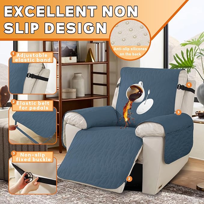XINEAGE 100% Waterproof Recliner Chair Covers with Elastic Straps, Nonslip Reclining Couch Covers Washable Recliner Couch Cover with Pockets Furniture Protector for Pets Dogs (Berlin Blue, 30")