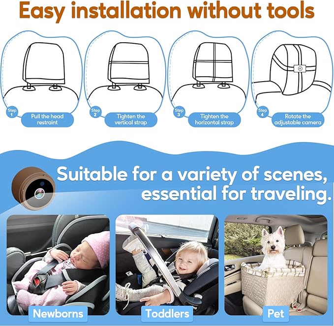 Baby Car Camera for Backseat 1080P - HD Crystal Night Vision, Easy to Install, 360° Rotation, Protect Baby's Eye, Perfect for Brown Car Interiors, Rear Facing Backseat Camera for Newborn, Infant, Kids