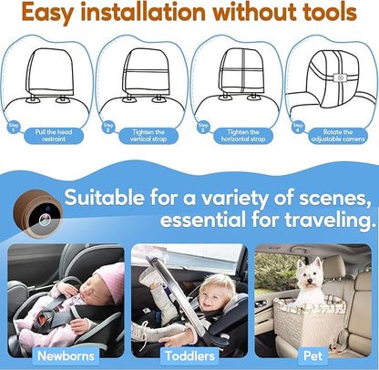 Baby Car Camera for Backseat 1080P - HD Crystal Night Vision, Easy to Install, 360° Rotation, Protect Baby's Eye, Perfect for Brown Car Interiors, Rear Facing Backseat Camera for Newborn, Infant, Kids