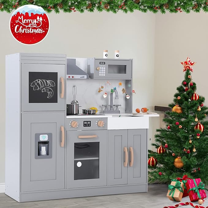 Wooden Play Kitchen, Kids Kitchen Playset with Microwave, Oven, Sink, Real Lights & Sounds,Wooden Chef Pretend Play Set for Boys and Girls