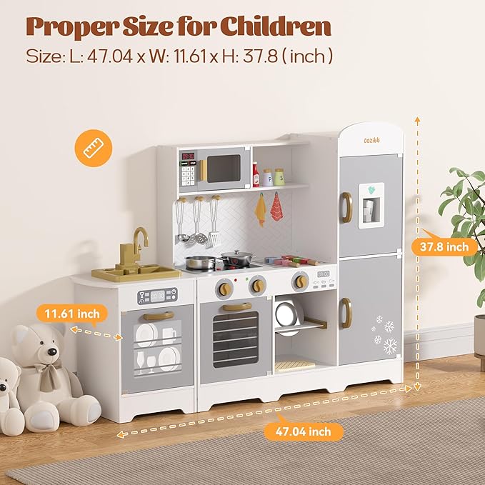 Wooden Pretend Play Kitchen Set, Realistic Oven Faucet Microwave Ice Maker BBQ, with Lights & Sounds Features, 21 Accessories, Toys Kitchen for Kids Children Boys Grils, Gift for Ages 3+