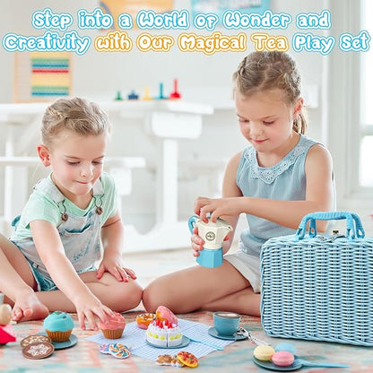 Tea Party Set for Little Girls, 30 Pcs Picnic Basket Set with Carry Case, Teapot, Tea Cup, Dessert & Table Cloth, Pretend Play Toy Gifts for Kids 4 5 6 Year Old (Blue)…