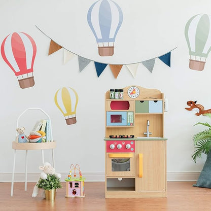 Teamson Kids Little Chef Florence Classic Interactive Wooden Play Kitchen with Accessories and Storage Space for Easy Clean Up, Wood Grain with Red and Yellow Accents